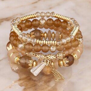 🤎 Brown Crystal Agate Bead Stretch Bracelet Set ~ Healing Stability & Security